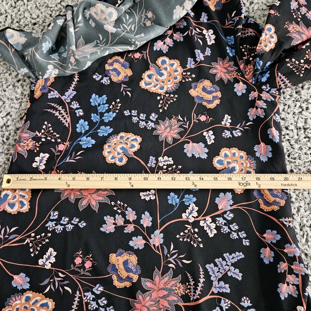 Ella Moon One Shoulder Mini Dress Large L Floral Ruffle Bow Tie Neck Blue Pink - Picture 11 of 15